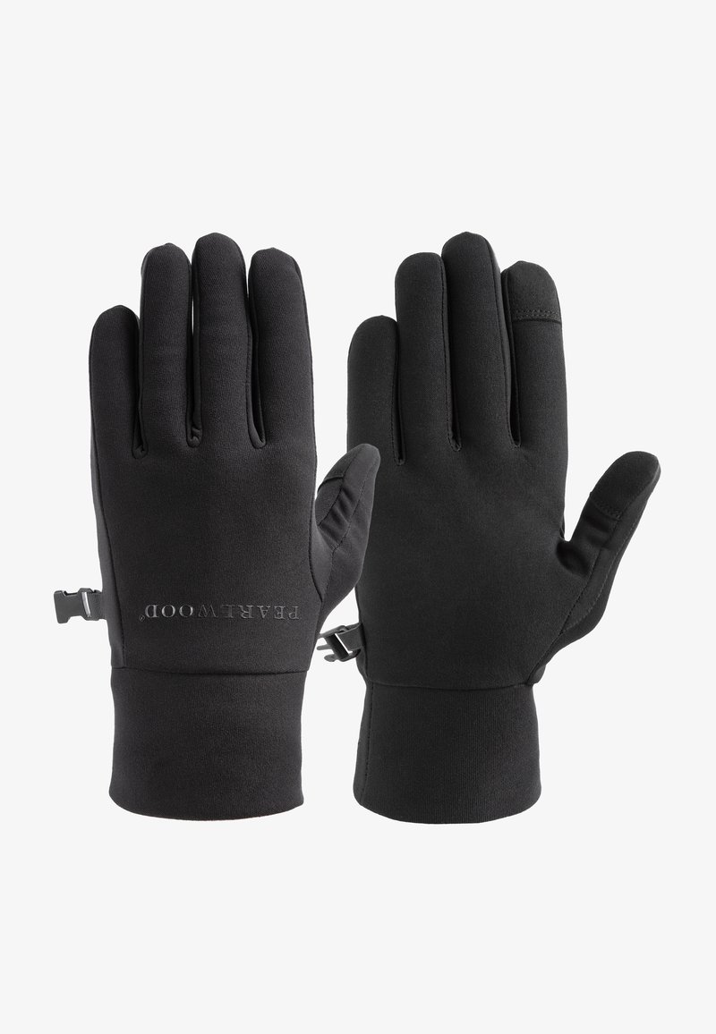 Juodi pirštinės, pagamintos iš minkštos medžiagos, su tiksliai priglundančiu dydžiu, reguliuojamais riešo dirželiais ir logotipu, išspaudžiamu delno srityje.