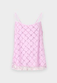 Rožinė camisole tipo palaidinė su plonomis spaghetti petnešėlėmis, puošta blizgiu sequin deimanto raštu, turinti skaidrų apdailą ir lygią audinio tekstūrą.