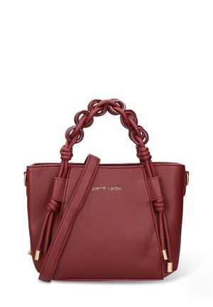 Borsa a mano bordeaux in materiale sintetico strutturato, con manici superiori intrecciati, tracolla regolabile e dettagli in metallo color oro.