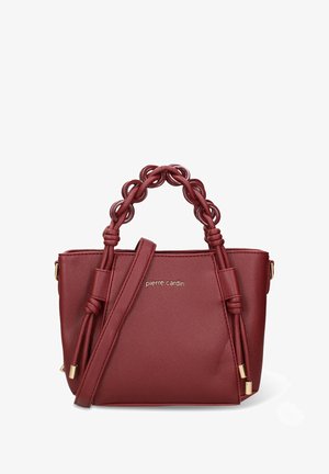 Borsa a mano bordeaux in materiale sintetico strutturato, con manici superiori intrecciati, tracolla regolabile e dettagli in metallo color oro.