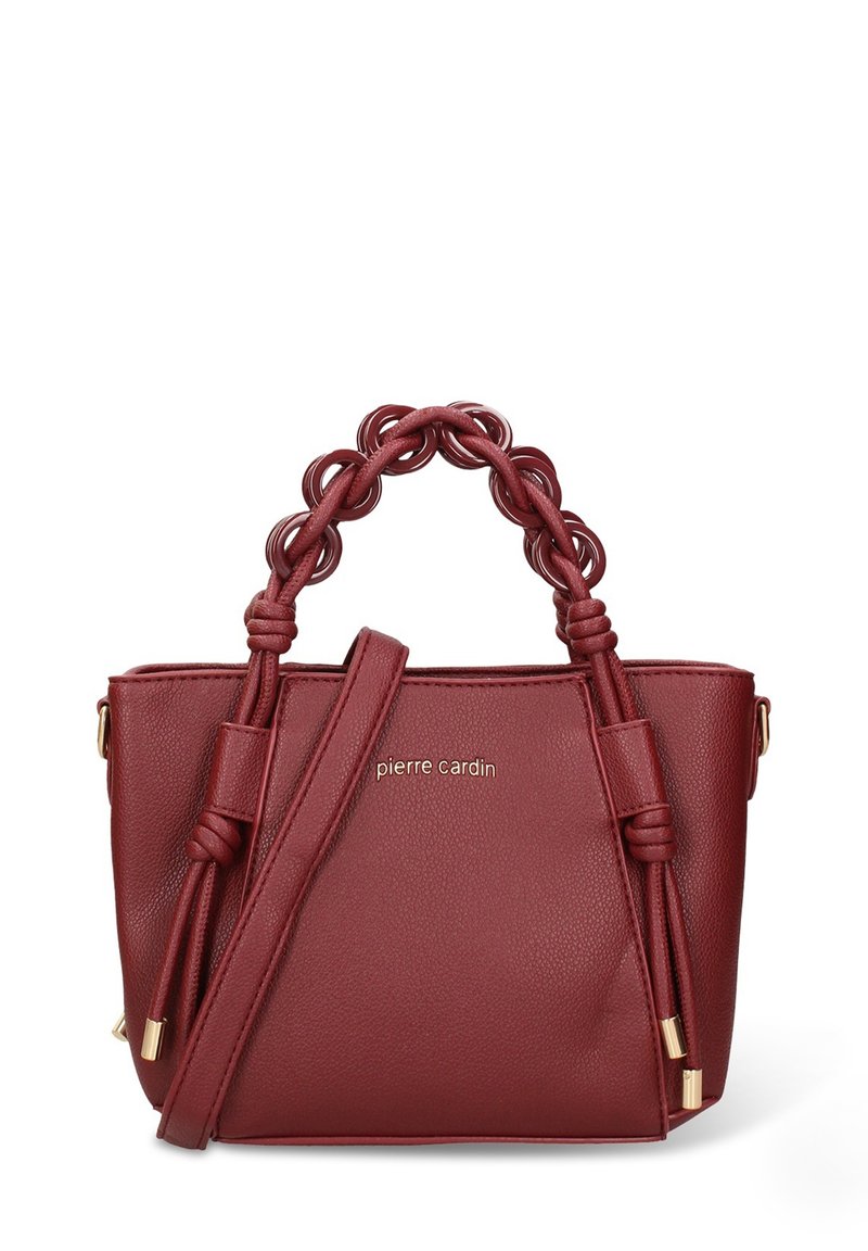 Borsa a mano bordeaux in materiale sintetico strutturato, con manici superiori intrecciati, tracolla regolabile e dettagli in metallo color oro.