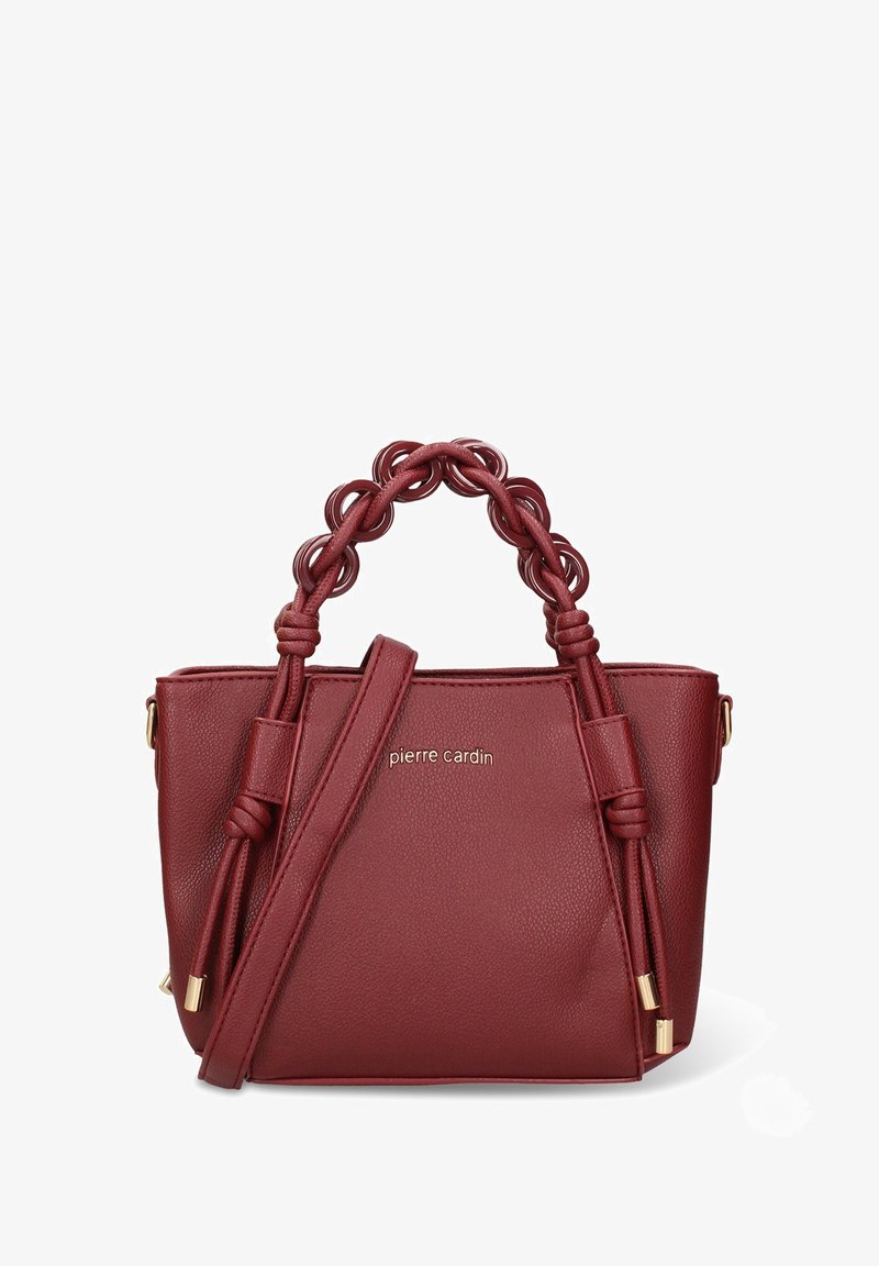 Borsa a mano bordeaux in materiale sintetico strutturato, con manici superiori intrecciati, tracolla regolabile e dettagli in metallo color oro.