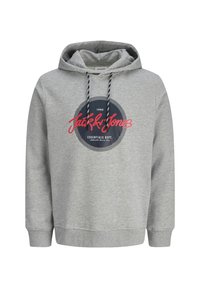 Gray hoodie with a drawstring hood, featuring a circular black graphic logo and red text "Jack & Jones Essentials Dept." on the front.