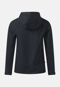 Veste noire à manches longues avec capuche attachée, vue de dos sur un fond uni clair.