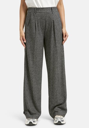 Gray herringbone-patterned trousers with pleats, elastic waistband, and side pockets; fabric appears textured and well-structured.