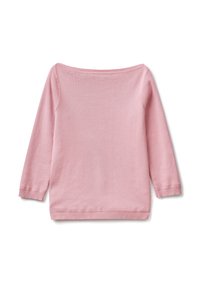 Light pink long-sleeve sweater with a wide neckline, ribbed cuffs, and hem. Soft fabric with a smooth texture and simple design.