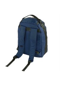 Mochila de color azul marino con correas acolchadas y ajustables, y un asa superior. Presenta una textura de tela suave y un compartimento principal con cremallera.