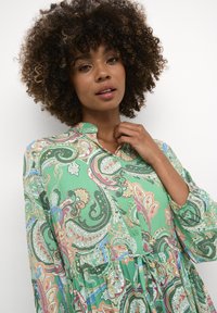 Zelena obleka s paisley vzorcem in mandarin ovratnikom, spredaj na gumb, z nabranim pasom. Ima živahne vzorce v roza, modri in beli barvi. Dolgi rokavi.