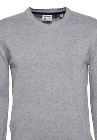 Grau gestrickter Pullover mit V-Ausschnitt, gerippten Bündchen und einem dezenten, auf der Brust gestickten Logo. Hergestellt aus weichem, strukturiertem Material.