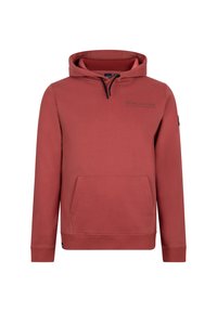 Roter Pullover-Hoodie aus weichem Stoff, mit Kängurutasche, verstellbarem Kapuzenzug und bedrucktem Text auf der Brust.