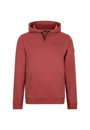 Roter Pullover-Hoodie aus weichem Stoff, mit Kängurutasche, verstellbarem Kapuzenzug und bedrucktem Text auf der Brust.