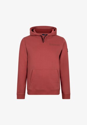 Rød pullover hoodie lavet af blødt stof, med en kængurulomme, snørehætte og trykt tekst på brystet.