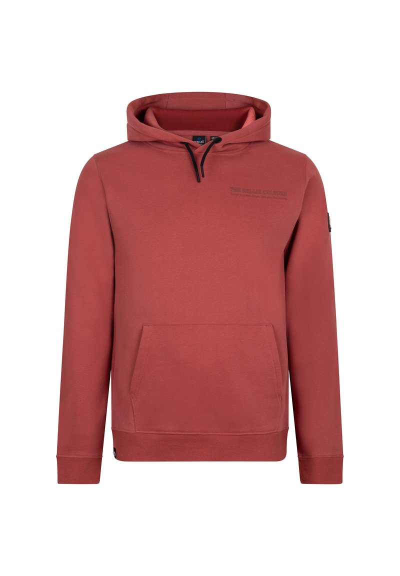 Roter Pullover-Hoodie aus weichem Stoff, mit Kängurutasche, verstellbarem Kapuzenzug und bedrucktem Text auf der Brust.