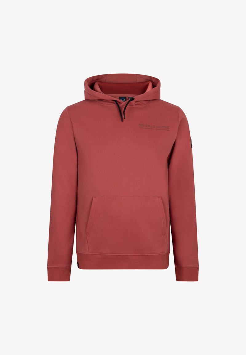 Roter Pullover-Hoodie aus weichem Stoff, mit Kängurutasche, verstellbarem Kapuzenzug und bedrucktem Text auf der Brust.