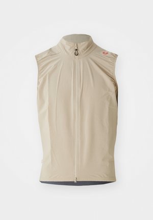 Beige sleeveless vest with stand-up collar, front zipper, and lightweight fabric. Features a textured underlayer and minimalistic design.
