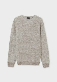 Maglione lavorato a maglia di un beige chiaro, caratterizzato da un collo rotondo, maniche lunghe e un motivo testurizzato su tutta la superficie. Polsini e orlo a coste.