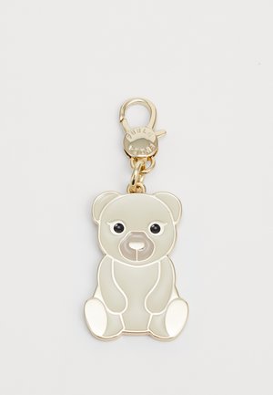 Gold-tone bear-shaped keychain with a smooth gray body, black eyes, and a lobster clasp for attachment. Features a glossy finish.
