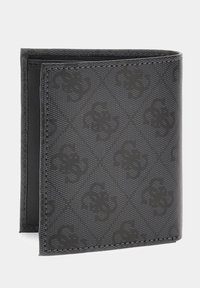 Cartera negra hecha de material sintético texturizado con un sutil patrón en relieve. Diseño compacto y plegable con bordes cosidos y un interior suave.