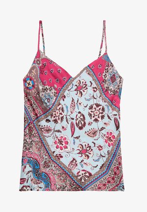 Wielokolorowy top na ramiączkach z wzorem kwiatowym i paisley, w odcieniach niebieskiego, różowego, brązowego i białego. Cienkie regulowane ramiączka oraz miękki materiał.