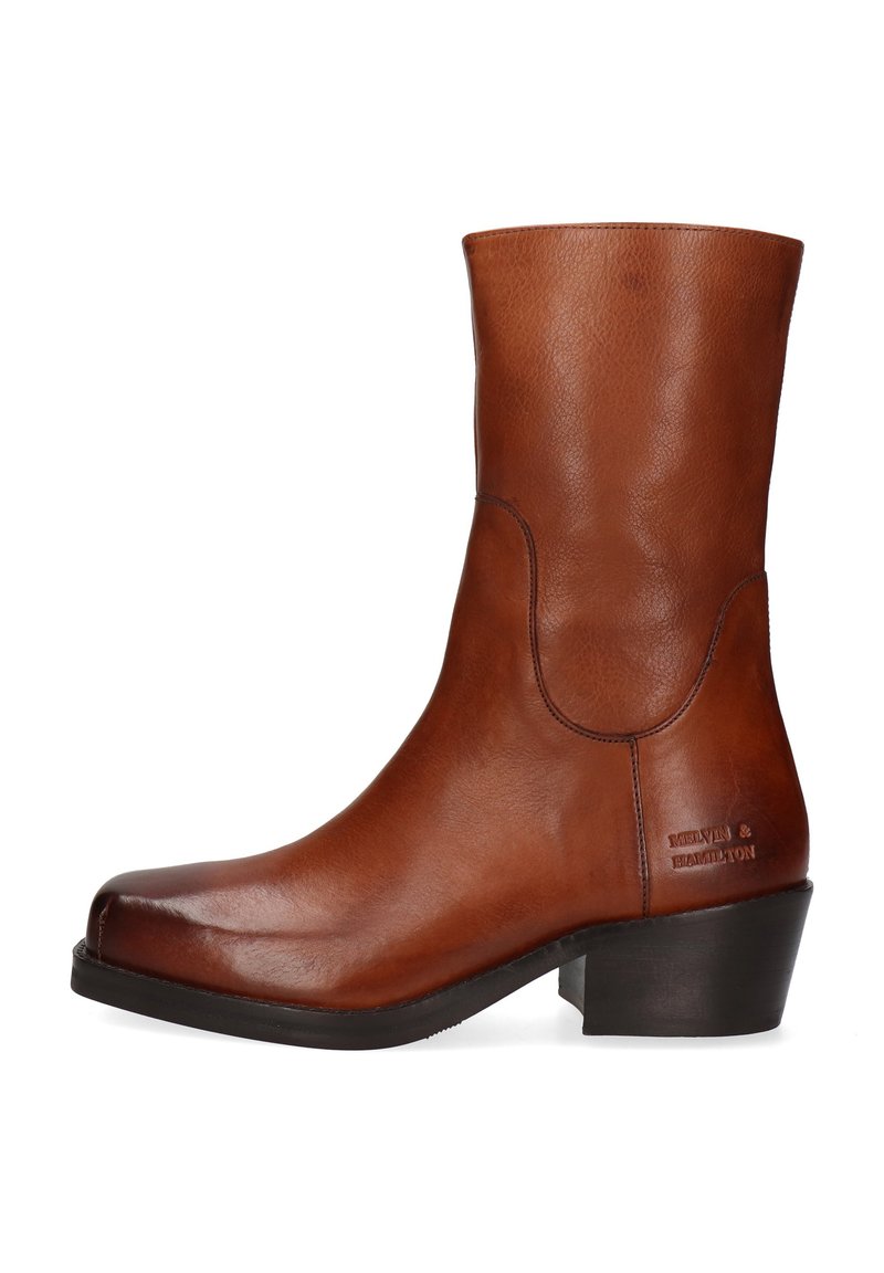 Stivaletto alla caviglia in pelle marrone con una texture liscia, punta arrotondata e tacco a blocco. Presenta cuciture minime e un dettaglio con logo marchiato sul lato.