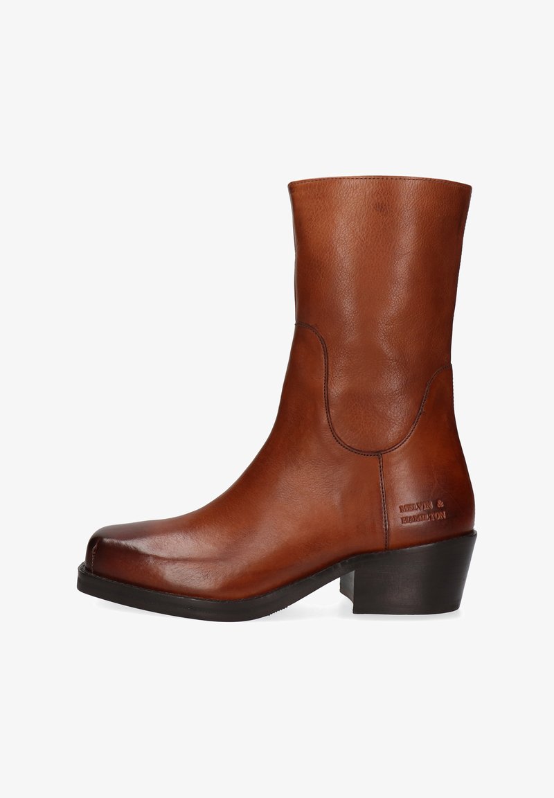 Stivaletto alla caviglia in pelle marrone con una texture liscia, punta arrotondata e tacco a blocco. Presenta cuciture minime e un dettaglio con logo marchiato sul lato.