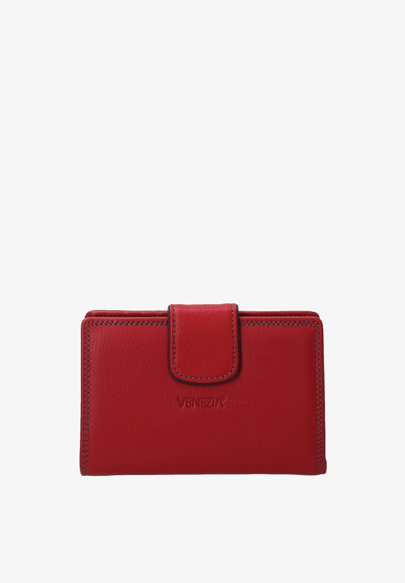 Red leather wallet with a textured finish, featuring a magnetic flap closure and contrasting stitching. Engraved "VENEZIA" logo on the front.