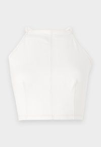 White cropped halter top with thin straps, minimal seam detailing, and a smooth texture. Simple, clean design with a slightly relaxed fit.