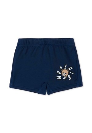 Shorts pour tout-petit bleu marine avec taille élastique et un visage d'ours imprimé entouré de lettres dispersées formant le mot « Moschino » sur le devant.