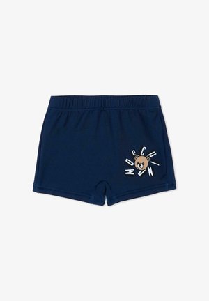 Pantaloncini blu navy per bambini con vita elastica e una faccia di orso stampata circondata da lettere sparse che compongono la scritta "Moschino" sul davanti.