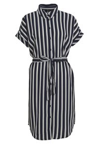 Abito camicia a righe blu navy e bianche con maniche corte, chiusura a bottoni, colletto e cintura annodata in vita. Tessuto morbido con una vestibilità comoda.