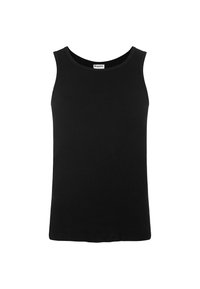 Black ribbed tank top with a round neck and wide shoulder straps. Smooth texture, fitted shape, and no visible patterns or hardware.