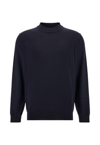 Navy blue, long-sleeve pullover sweater with a high neckline. Soft texture and ribbed cuffs at the sleeves and hem. Simple design, no patterns.