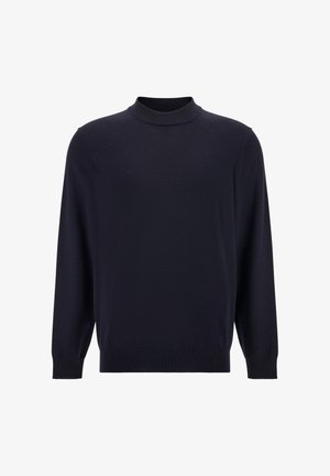 Námornícky modrý, dlhý rukávový pulóver s vysokým golierom. Mäkká textúra a rebrované manžety na rukávoch a leme. Jednoduchý dizajn, bez vzorov.