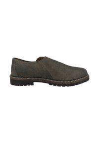 Dunkelbraune Slipper mit einem strukturierten Leder-Obermaterial, elastischem Seitenpanel, Gummisohle und kontrastierenden weißen Steppnähten.