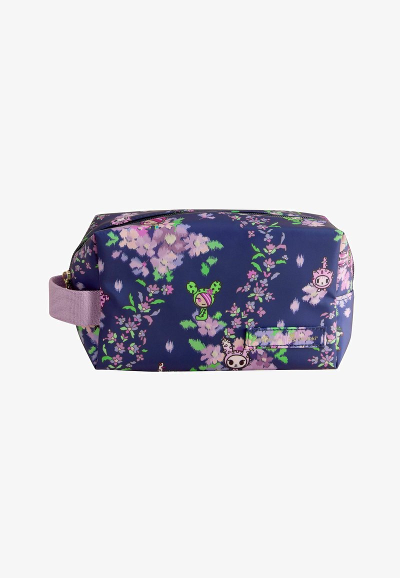 Trousse de toilette rectangulaire bleu foncé avec poignée violette, avec des motifs floraux roses et verts et de petits personnages de dessins animés.