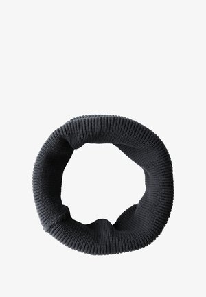 Knitted dark gray infinity scarf, featuring a ribbed texture and continuous loop design for easy wear and comfort.