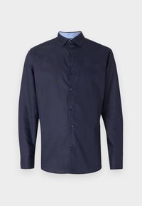 Navy blue long-sleeve shirt made of smooth fabric, featuring a button-down collar and a checkered pattern inside the collar.