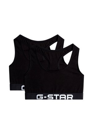Kaksi mustaa urheiluliivit racerback-mallilla ja elastisilla nauhoilla, joissa valkoinen teksti G-STAR valkoisella taustalla.