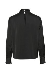 Sort langærmet skjorte med høj krave, åben rygslids og knaplukning ved ærmerne. Glat stof, minimalistisk design og skræddersyet silhuet.