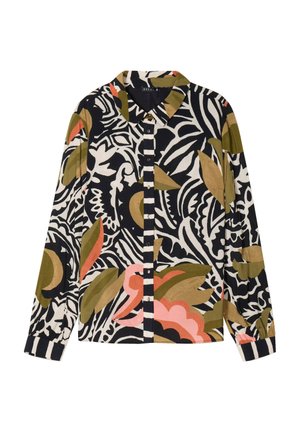 Chemise à manches longues en tissu avec un motif floral audacieux en noir, crème, olive et rose, dotée d'un devant à boutonnière et de poignets rayés.