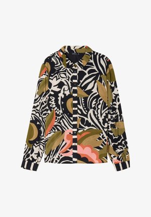 Chemise à manches longues en tissu avec un motif floral audacieux en noir, crème, olive et rose, dotée d'un devant à boutonnière et de poignets rayés.