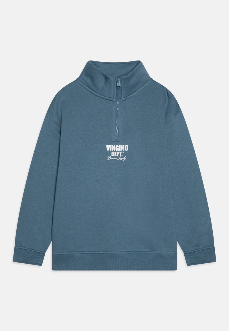 Felpa con cerniera in blu spento, dotata di colletto alto e maniche lunghe. Presenta un logo stampato bianco sul petto e polsini a coste.