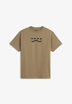 Korte mouwen katoenen T-shirt in bruin met zwart "VANS" logo en golvende lijn gedrukt over de borst, ronde hals.