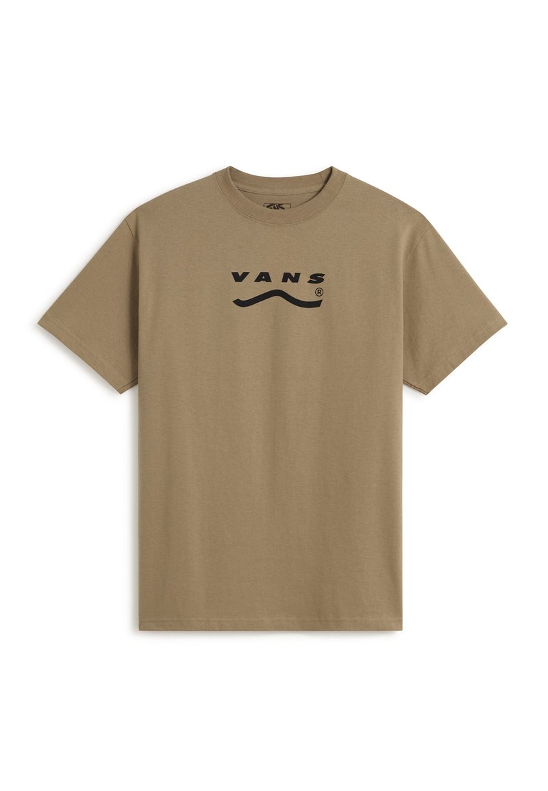 Kortærmet t-shirt i bomuld i tan med sort "VANS" logo og bølget linje trykt over brystet, rund hals.