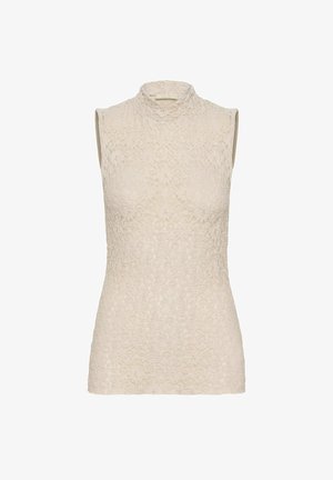 Utan ärm spets topp i krämfärg, hög nackdesign, blommönster, figursydd silhuett, mjuk textur och en solid rygg. Inga synliga stängningar.