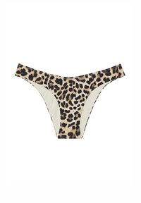 Bikiniunderdel i leopardmönster med en krämfärgad insida, med en låg midja och en slät textur. Utformad med minimal täckning.