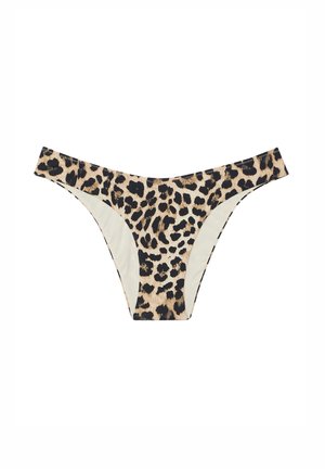 Leopard print bikini bottom with a cream interior, featuring a low-rise cut and smooth texture. Designed with minimal coverage.