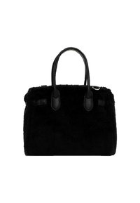 Borsa in ecopelliccia nera con manici e dettagli in pelle nera. La borsa presenta una forma rettangolare e un esterno texturizzato e morbido.