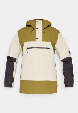 Mikina s kapucňou s farebnou blokovou konštrukciou v olivovo zelenej, krémovej a čiernej farbe, s predným zipsovým vreckom a cvokmi.