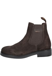 Braune Wildleder Chelsea-Stiefel mit elastischen Seitenpaneelen, runder Zehenpartie und einer niedrigen schwarzen Gummisohle. Mit Logo der Marke am Ziehband.